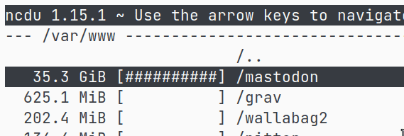 A screenshot of the output of ncdu showing that the /var/www/mastodon folder takes up a solid 35 GiB of disk space.