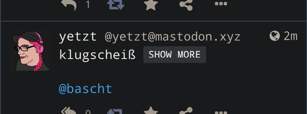 Screenshot der Mastodon UI mit einem Reply von @yetzt und der content notice 