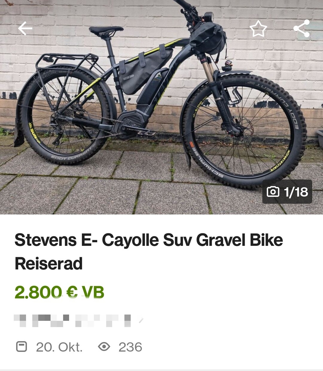 Screenshot von eBay Kleinanzeigen. Im Bild ist ein grün/schwarzes Fahrrad zu sehen das eine Federgabel, einen Mountainbike Rahmen mit Federung und sogar einen Motor hat.

Der Angebotstext lautet: 