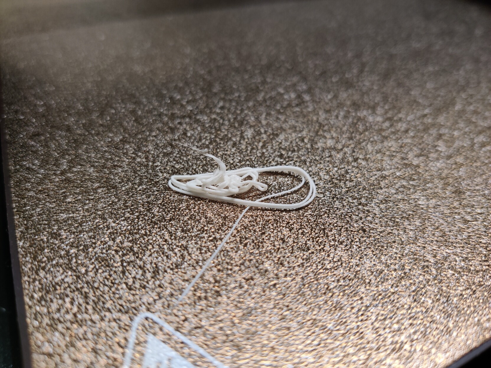 A curled up piece of white filament on the printer bed. It's oval but has no other defining shape, it looks like a knot.
