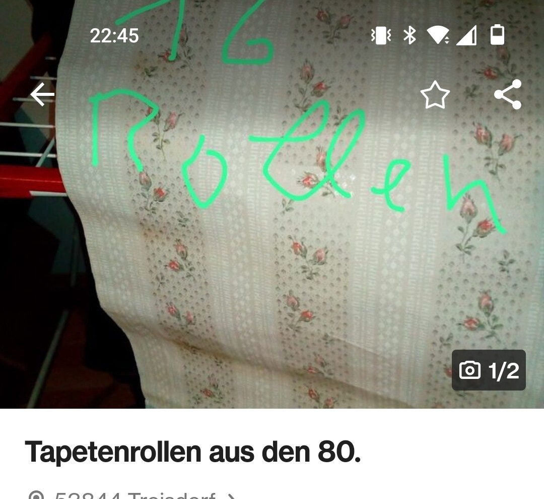eBay Kleinanzeigen Screenshot, im Bild eine recht vergilbte Rolle Tapete mit Rosenmuster und Verzierungen. Der Screenshot ist mit grüner Handschrift und dem Text 