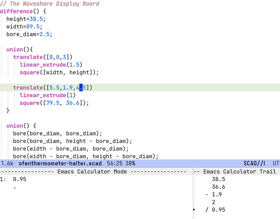 A screenshot of OpenSCAD sitting two extruded squares and a union with four bore holes