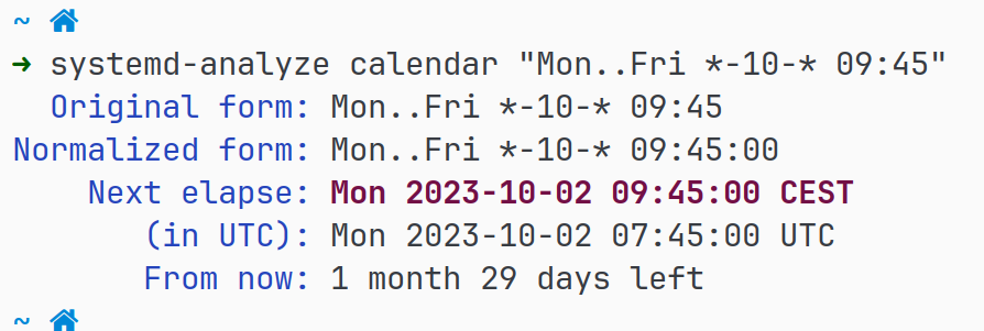 A screenshot showing the command output of systemd-analyze with a calendar pattern of 