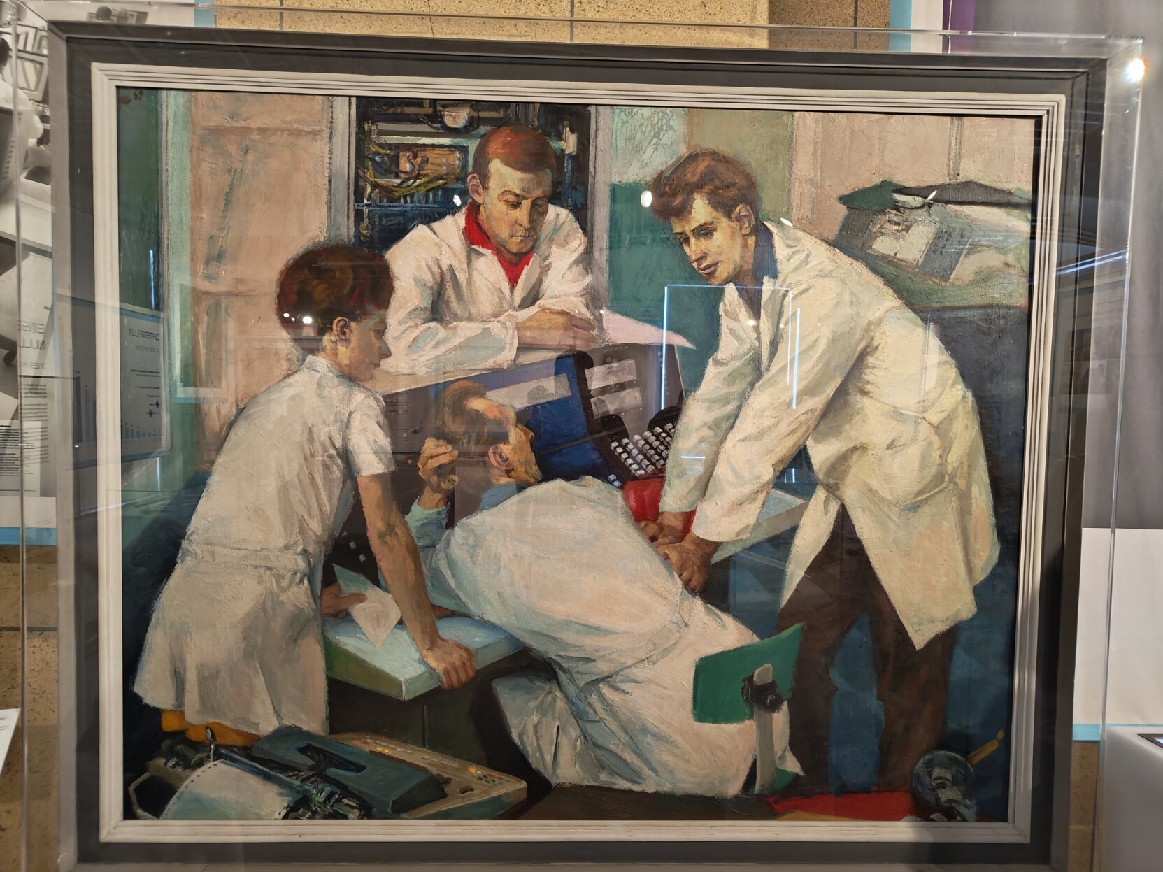 Old early 70s painting of multiple engineers working on an old main frame computer. One of them is leaning onto the keyboard, the others are gathered around