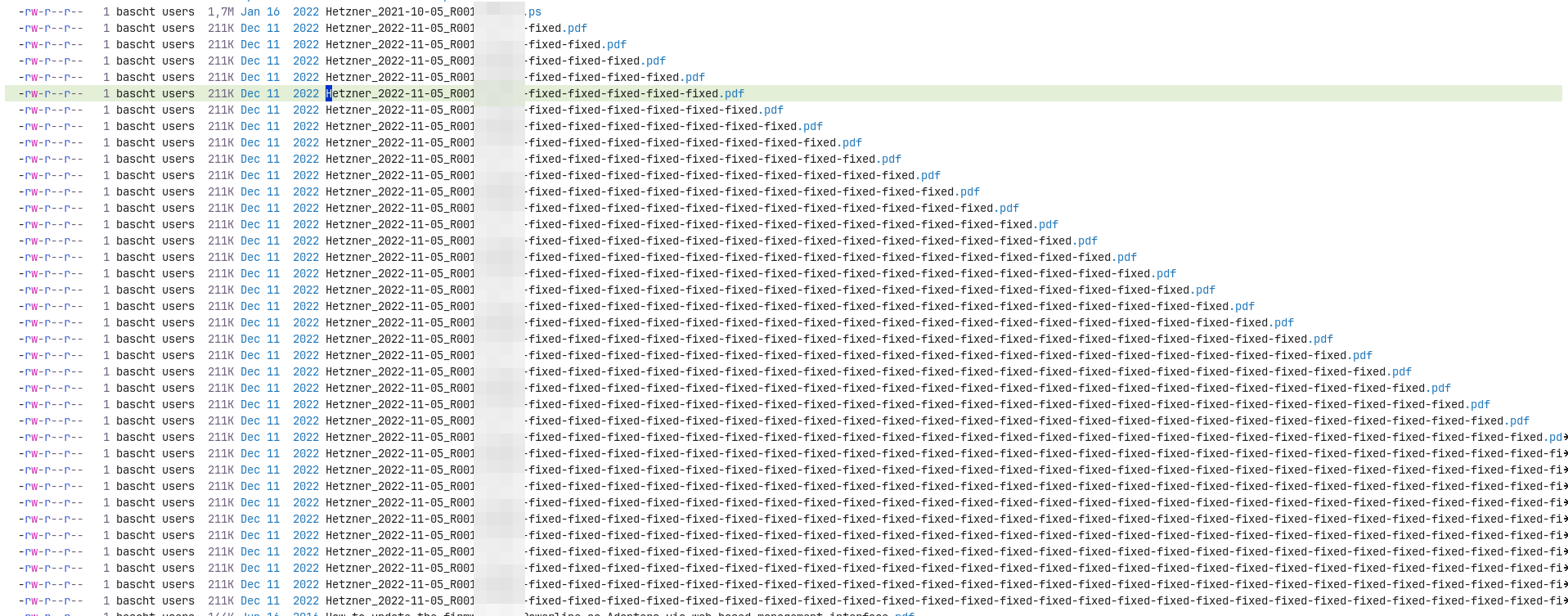 A screenshot of an Emacs dir listing with lots and lots of Hetzner invoice PDF files which names get gradually longer and longer since there was a recursive loop that added the postfix 